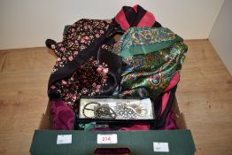 A box containing silk square head scarf's and costume jewellery, to include St Michael scarf's.