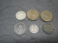 Six GB Coins, Queen Victoria 1851 Silver Groat (4d), 1851 Silver Two Pence, 1843 Half Farthing,