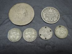 Six GB Silver Coins, 1845 Queen Victoria One Shilling, 1874 Queen Victoria Half Crown well worn,