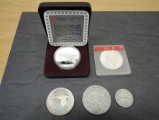 Five World Silver Coins, Canada 1587-1987 Dollar in capsule and case with certificate, 1864-1964