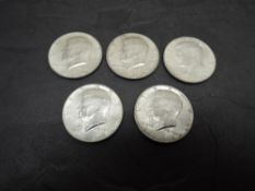 Five USA 1964 Silver Half Dollars, weight 62g