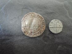 Two GB Silver Coins, Elizabeth I 1558/1603 Silver Sixpence, date ends in a 5, shield worn at the