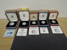 Five Royal Mint Silver Proof Coins, 1986 Commonwealth Games Two Pound, 1987 Falkland Islands, 1983