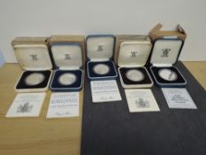 Five Royal Mint Silver Proof Crowns, Queens 80th Birthday x2, Queens 90th Birthday and 1981 Royal
