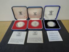 Three Royal Mint Silver Crowns, 1977 Silver Jubilee x2 and 2000 Millennium Five Pounds, weight