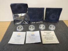Four Silver Guernsey One Pound Coins, 1995 x2 and 1997 x2, all in plastic capsules, three