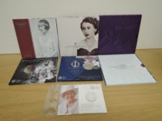 Seven Royal Mint Coins, 2016 90th Birthday Fine Silver £20, 2000 100th Birthday, 2002 Golden