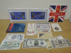 A collection of GB Coins and GB & World Banknotes including 1932 and 1962 Year Sets, both cased,