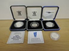 Four Royal Mint Silver Proof Coins, 1990 90th Birthday Crown, 1998 NHS Fifty Pence, 2000