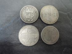 Four GB Silver Coins, 1708 Queen Anne Shilling, crowned shields, third bust, 1758 George II