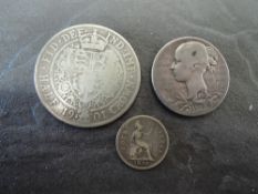 Three Silver Coins and Medal, 1836 William IIII Four Pence, 1901 Queen Victoria Half Crown and a