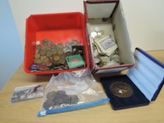 Two boxes of GB & World Coins, no silver seen, GB includes Queen Victoria Pennies & Half Pennies