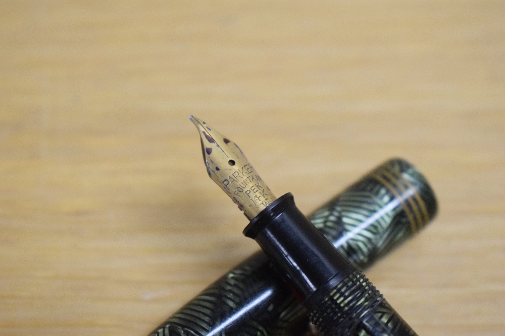 A Parker Televisor Slender button fill fountain pen in lined green with three gold cap bands - Image 2 of 3