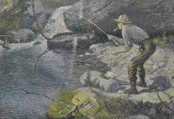 Frederick M Spiegle (American 1863-1942) colour print, depicting lone fisherman by river, within