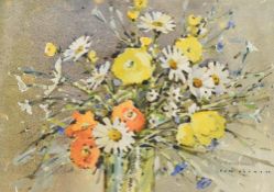 Tom Oldham (British 1928-2019) watercolour, attractive still life study, vase of flowers, signed