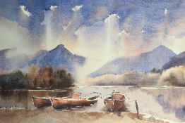 Trevor Lingard (British contemporary) watercolour, Derwentwater with moored rowing boats, signed