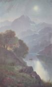 An early 20th century English school oil on board, mountainous lake land landscape with fishing boat