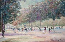 George Hann (British 1900-1979) oil on board, bustling Parisian street scene with Arc de Triomphe in