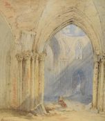 A 19th century English School watercolour, ruined church interior with seated figure, signed