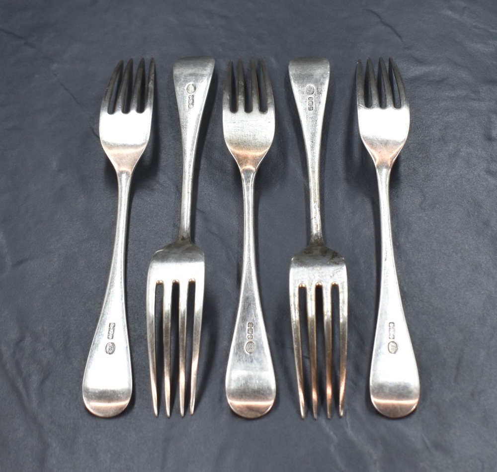A group of five Victorian silver Hanoverian pattern forks, having an initial engraved to the - Image 2 of 4