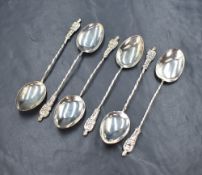 A cased set of six George V silver Apostle spoons, having twisted handles with Apostles to the