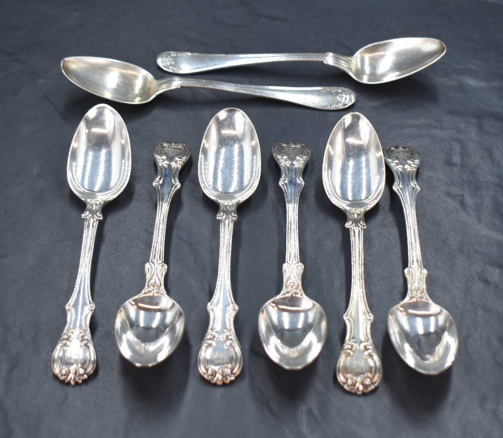 A set of six Victorian silver Victoria style pattern spoons, having 'AEW' monogram to the terminals,