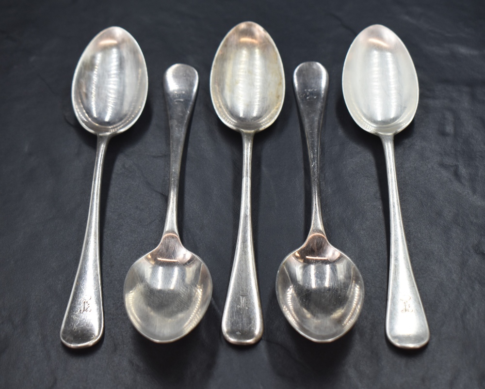 A group of five Victorian silver Hanoverian pattern spoons, having an initial engraved to the