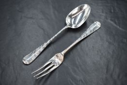 A cased Victorian silver Hanoverian rat-tail pattern christening spoon and fork set, having