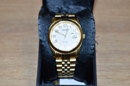 A gold tone Sekonda wristwatch, the circular white dial having Arabic numerals, on a gold tone