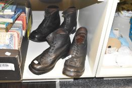 Two pairs of early 20th century leather steel cap toe boots with stud soles ( size unknown )