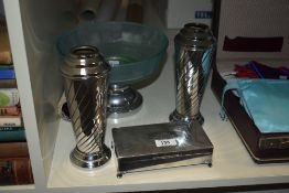 A pair of Art Deco style chrome vases, h21cm, sold together with a glass bowl and trinket box, (