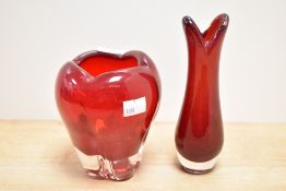 A mid-century Whitefriars glass ruby red molar vase, h14cm, sold together with a beaked glass