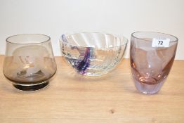 A Caithness glass vase with hand engraved owl decoration, h13cm, sold together with a swirl glass