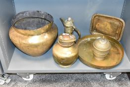 A large Eastern brass jardiniere of baluster form, h27cm, sold together with a lidded jar and tea