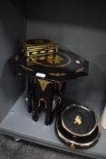 A group of Burmese black lacquer and gilt wares, comprising of a side table, H39cm, two bowls and