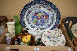 A large round platter having mainly blue floral decoration, a pretty two tier cake stand, a