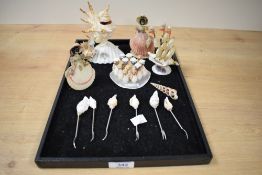 A set of 6 seashell lobster forks, sold together with a seashell concert, seashell ship ect, (