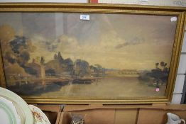 An atmospheric print depicting a countryside river scene framed and glazed 80cm x 44cm.