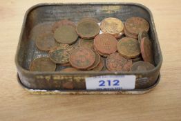 An early 20th century Player's Whiskey Brown Flake tin tobacco box containing 34 Three pence pieces,