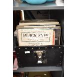 A box containing various records and sheet music, to include Dr. Hook, Don Williams, Diana Ross ect,