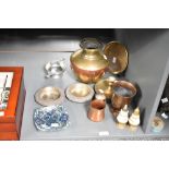 A brass and copper vessel of baluster form, h20cm, sold together with a pair of mother-of-pearl