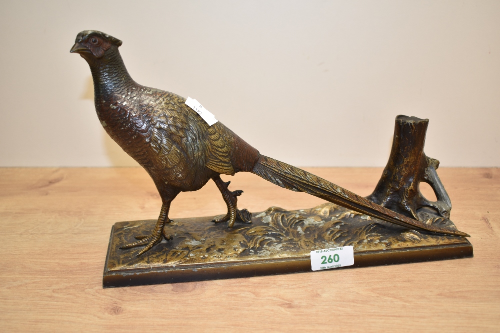 A spelter Pheasant table lighter, L31cm x H18cm