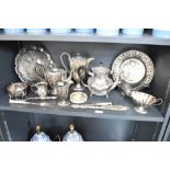 A silver plated tea service, to include tea pot, coffee pot, scalloped edged plate, gravy jug