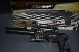 A Gamo PT-85 Blowback Semi Automatic CO2 .177 Air Pistol with black pistol grip, sight fitted, light
