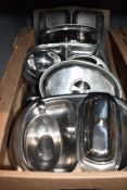 A selection of assorted stainless steel serving dishes etc.