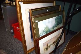 A collection of six assorted pictures including a pair of prints depicting The Towy Coracle men-