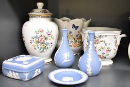 An Aynsley Cottage Garden planter and similar, a Coalport Ming Rose ginger jar and four Jasper