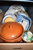 A selection of mediterranian pottery in bright colours, an Oriental style square bowl and three