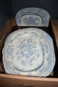 Six large blue and white platters sold along with a writing slope lid.`