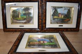 A set of three oil paintings on mirror style background depicting styles after R Barracca, T Vespa